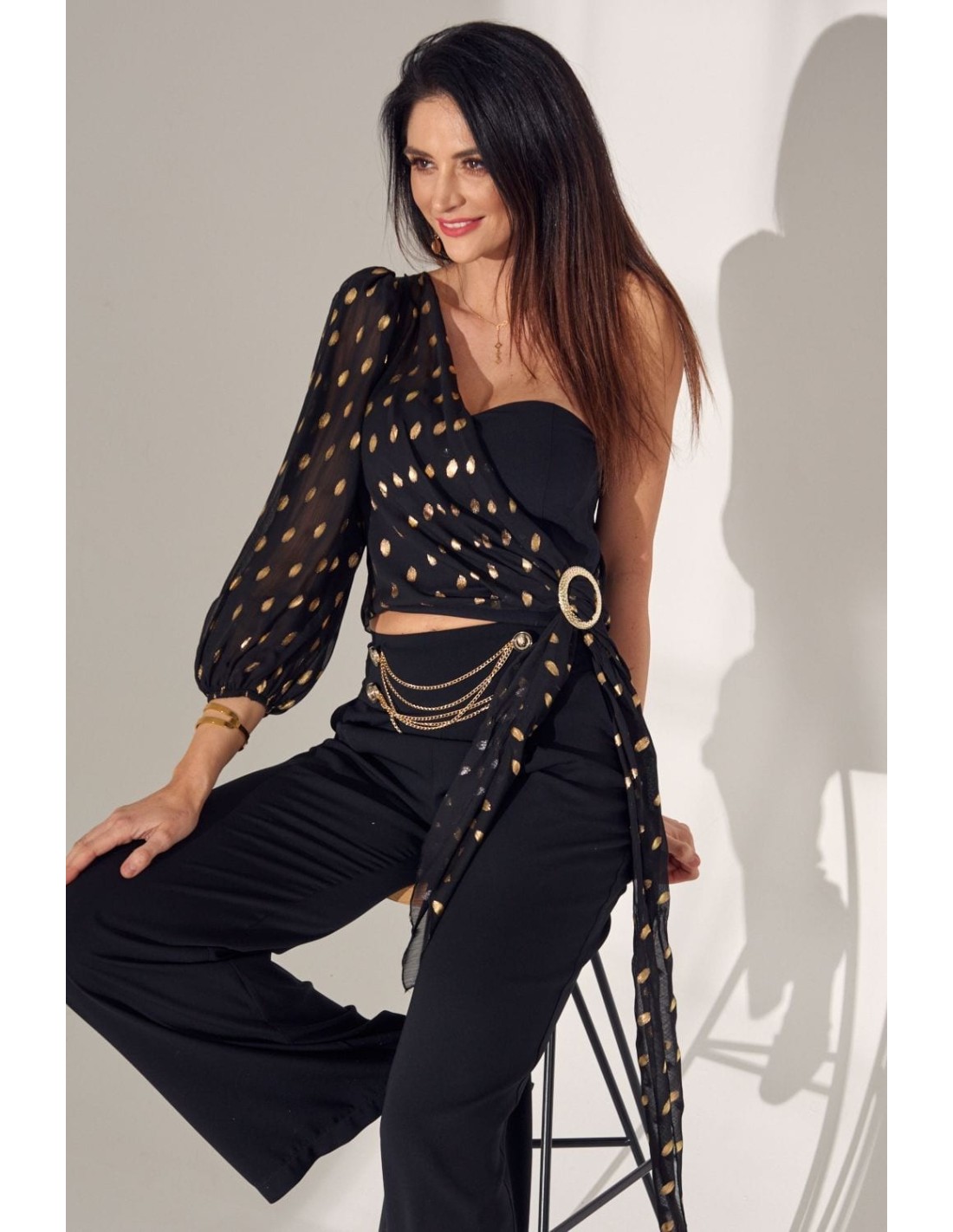 Elegante Bluse mit einem Ärmel, schwarz PR90561 – Online-Shop – Boutique